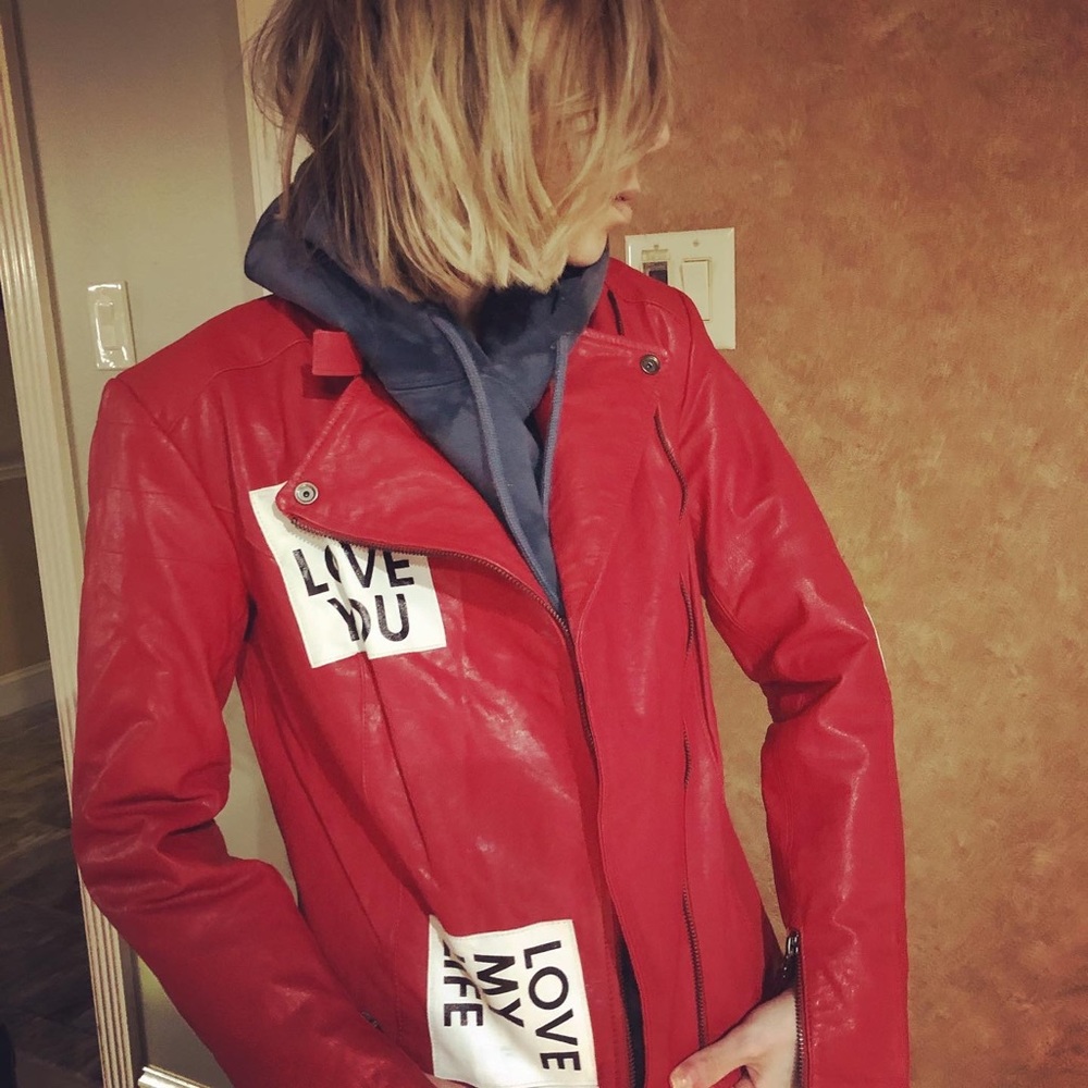 Peace love world red genuine leather coat size 2
